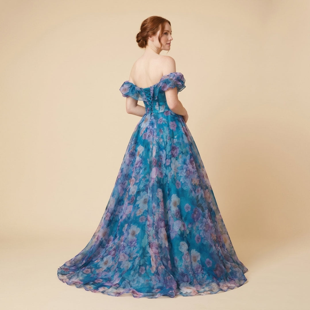 Naiad turquoise organza ball gown back on model