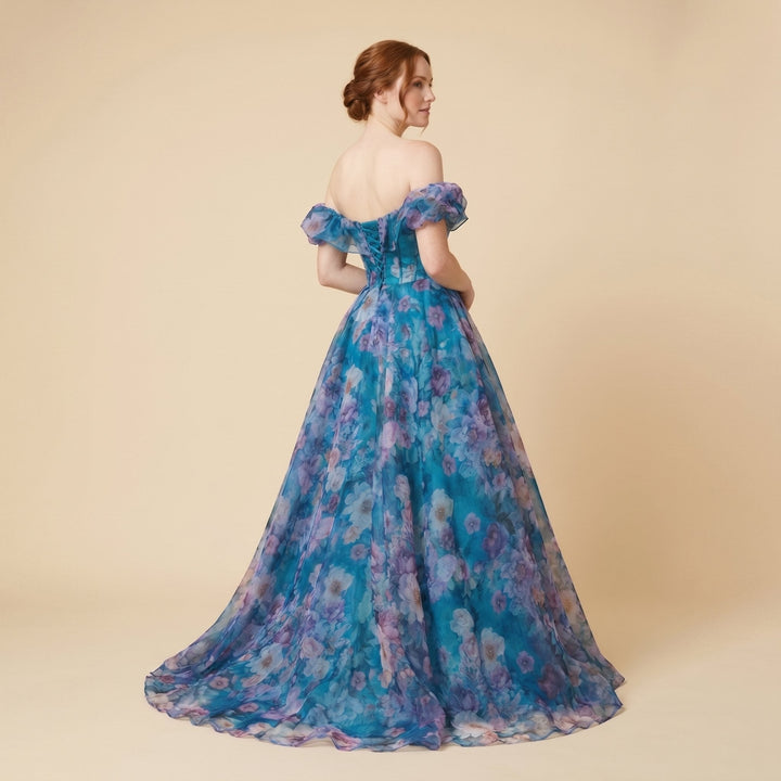 Naiad turquoise organza ball gown back on model
