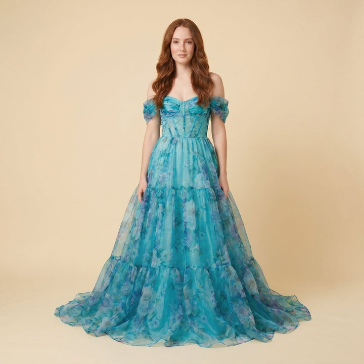 Naiad turquoise organza ball gown front on model