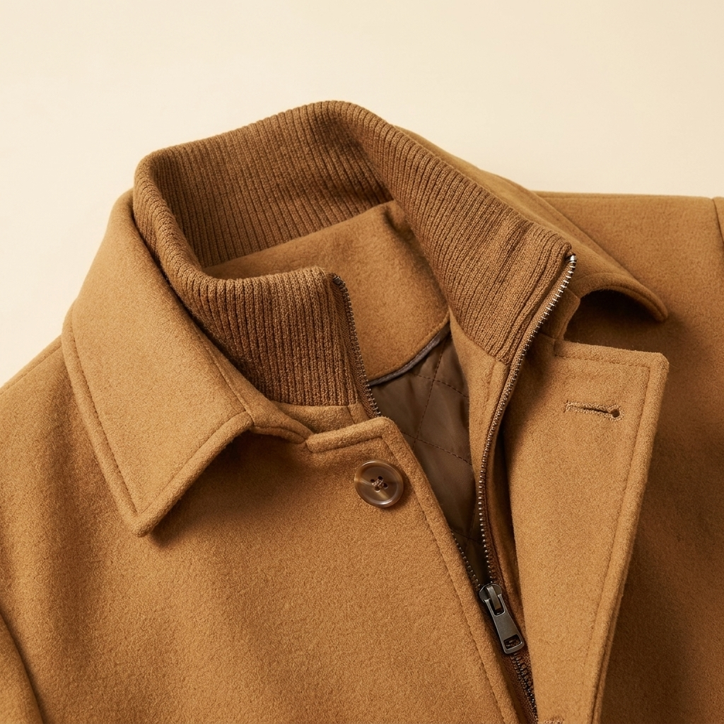 Double collar of the brown wool-blend overcoat, close-up