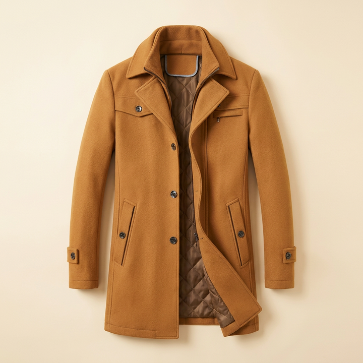 Brown wool-blend overcoat, flat lay