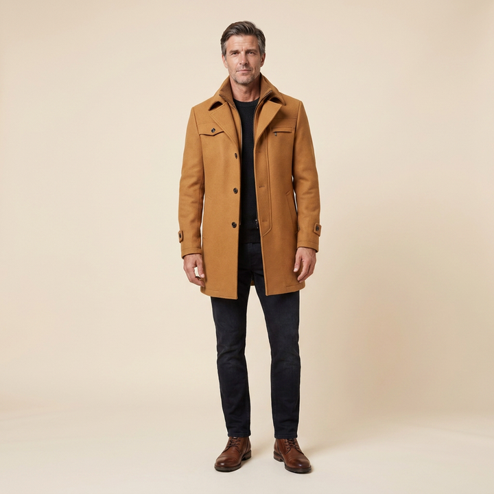 Brown wool-blend overcoat on model, front view