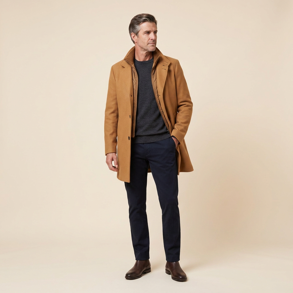 Brown wool-blend overcoat on model, second pose