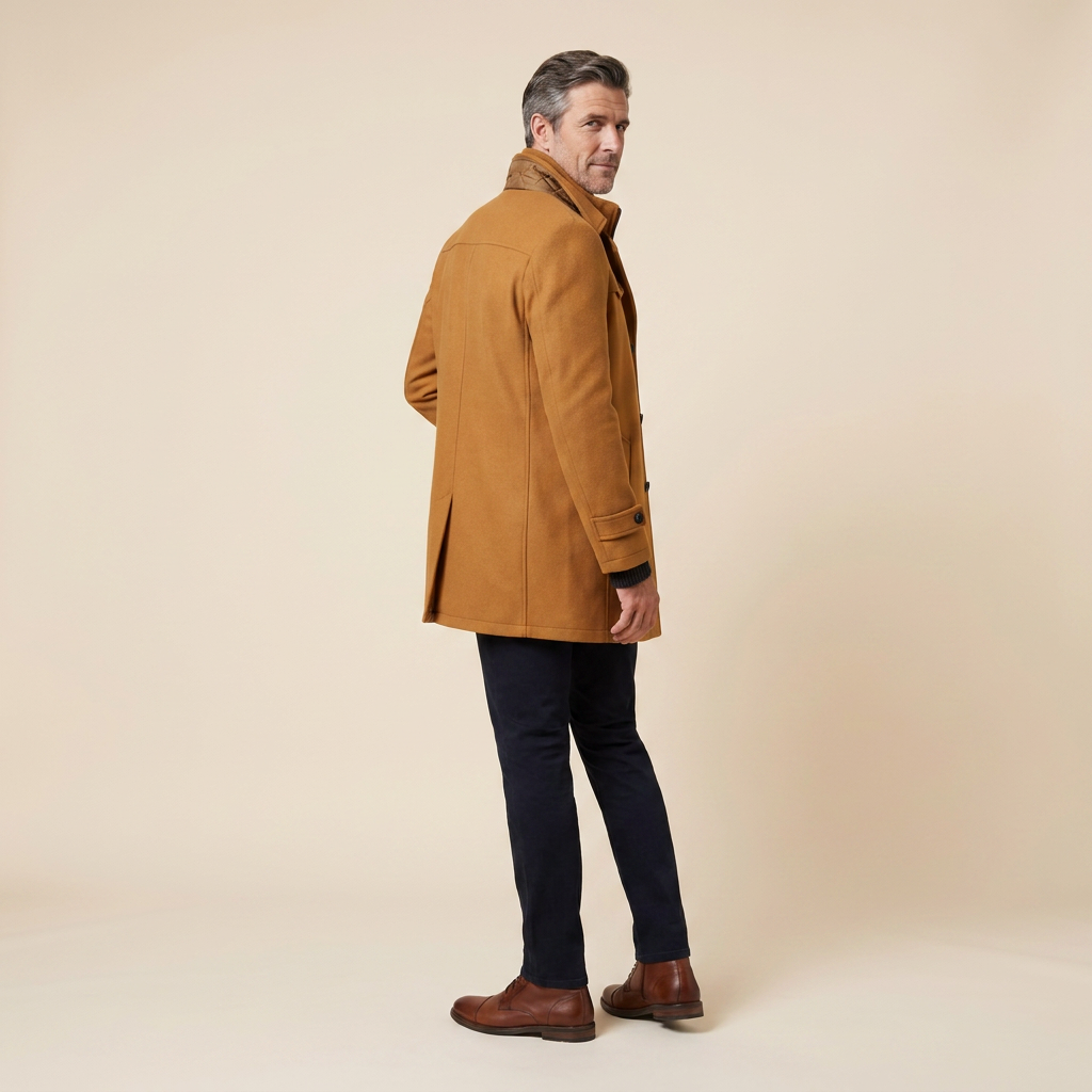 Brown wool-blend overcoat on model, side view