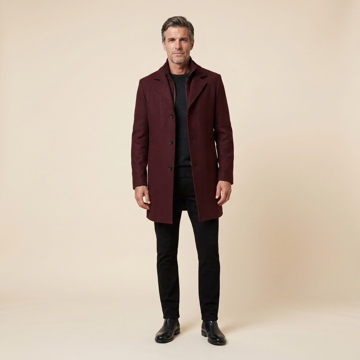 Burgundy wool-blend overcoat on model, front view