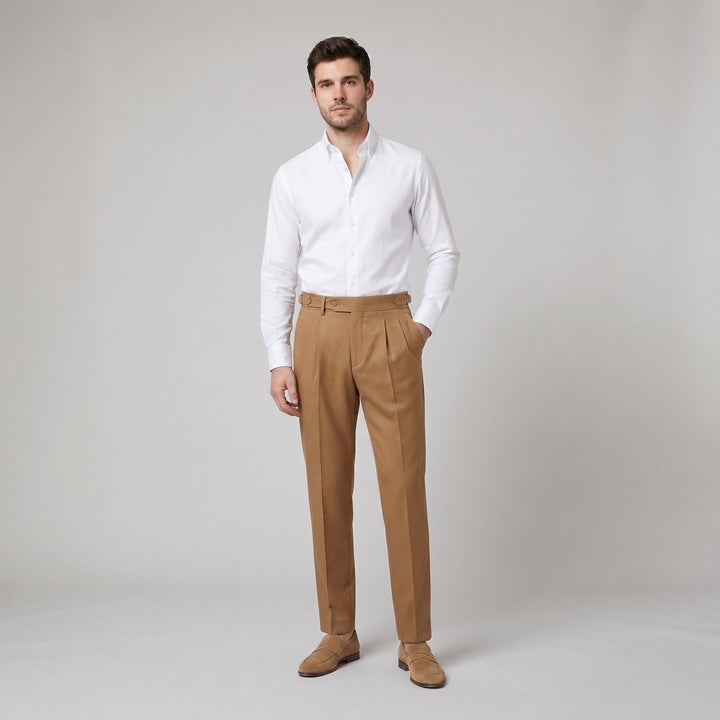 Noble Naples high-waist pleated trousers in brown camel on male model
