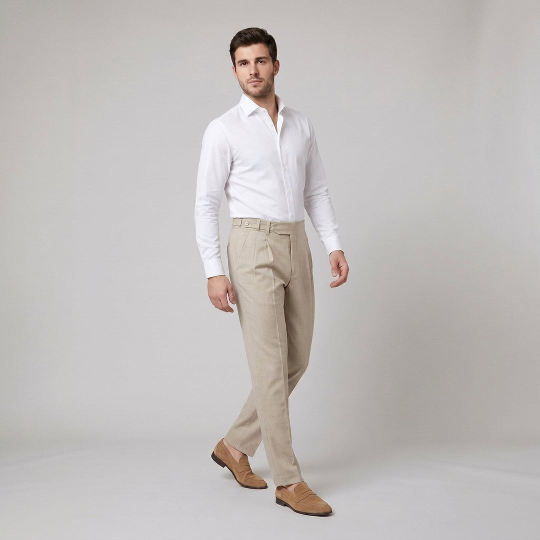 Noble Naples high-waist pleated trousers in khaki beige on male model