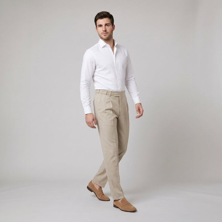 Noble Naples high-waist pleated trousers in khaki beige on male model
