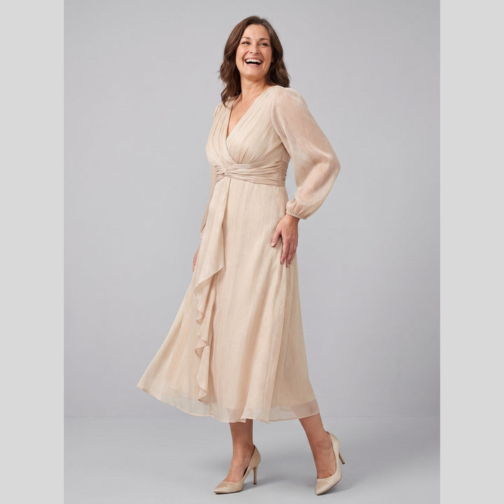 Champagne plus size A-line chiffon twist knot long sleeve dress - The store Vancouver