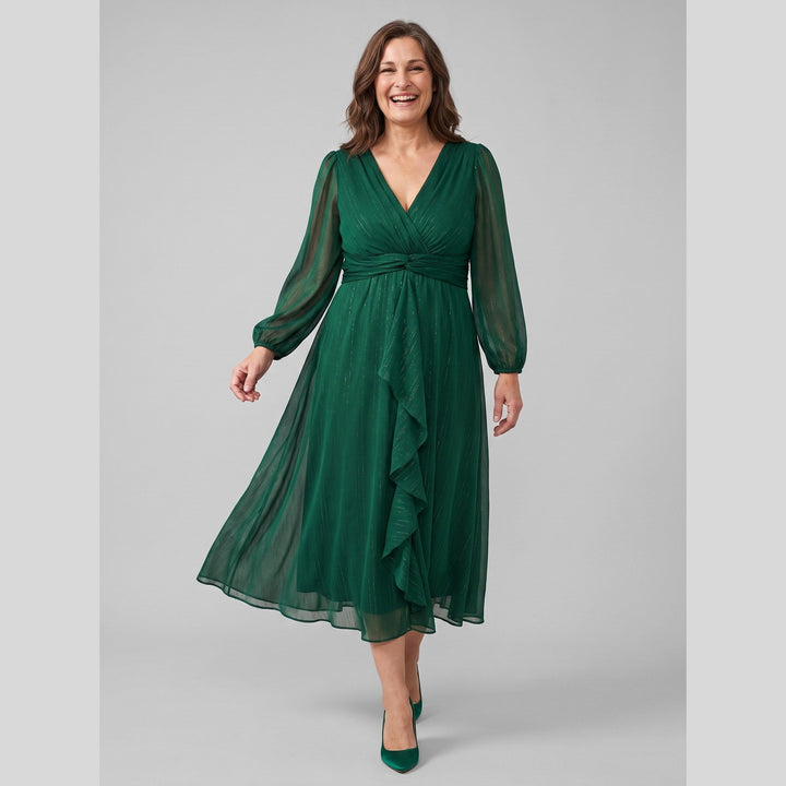Dark green plus size A-line chiffon twist knot long sleeve dress - The store Vancouver