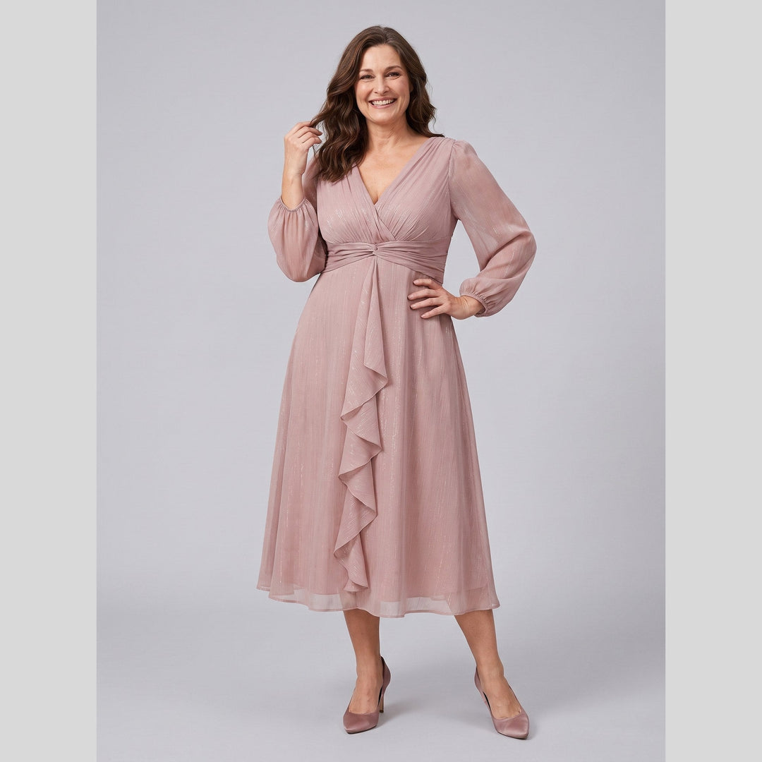 Dusty rose plus size A-line chiffon twist knot long sleeve dress - The store Vancouver