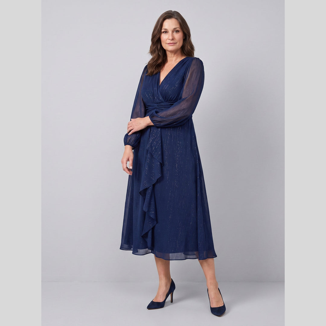 Navy blue plus size A-line chiffon twist knot long sleeve dress - The store Vancouver