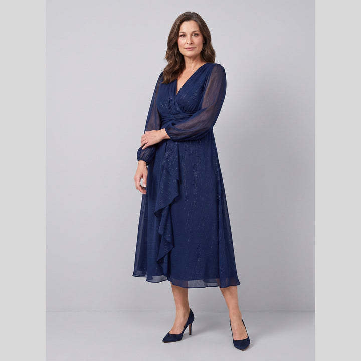 Navy blue plus size A-line chiffon twist knot long sleeve dress - The store Vancouver