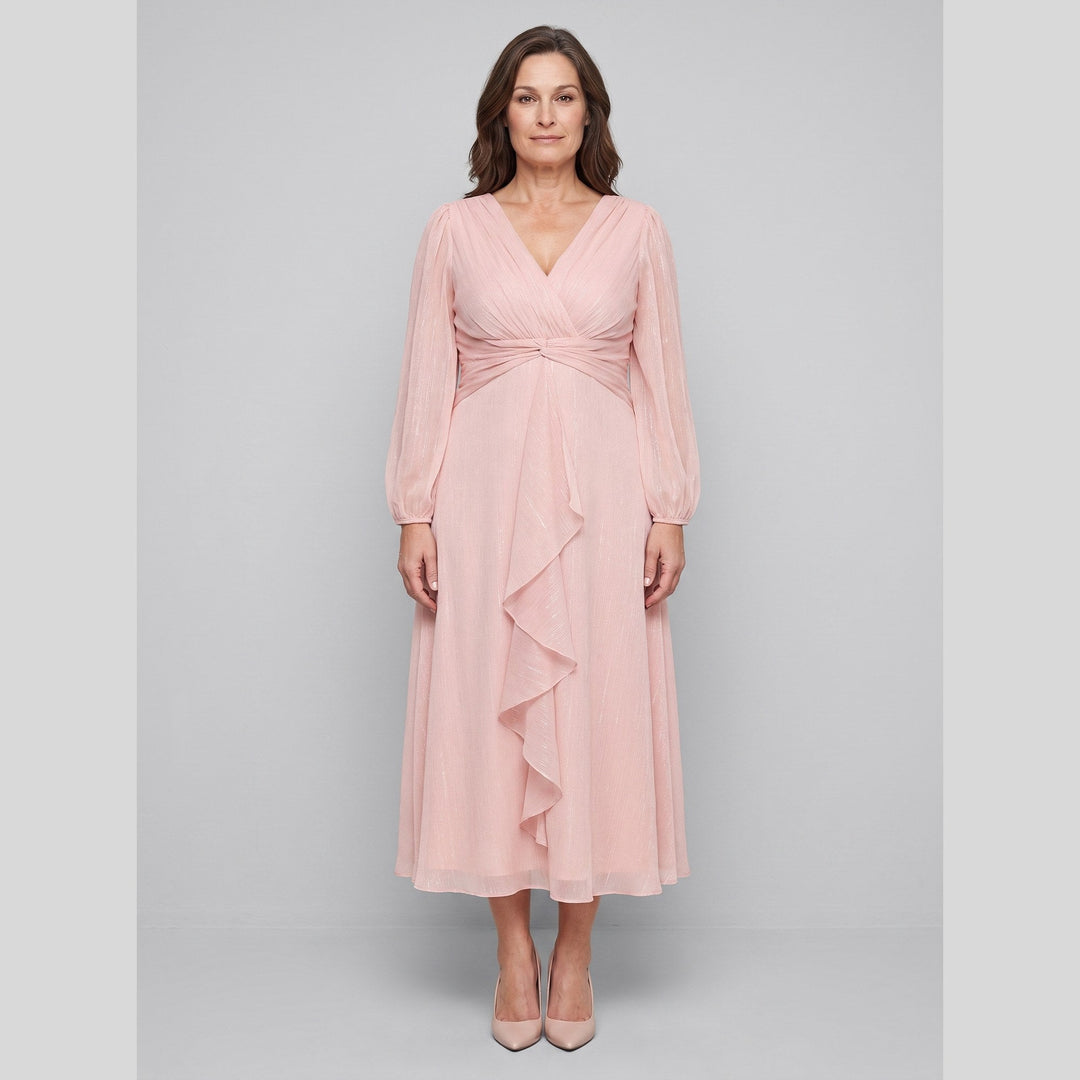 Pink plus size A-line chiffon twist knot long sleeve dress - The store Vancouver
