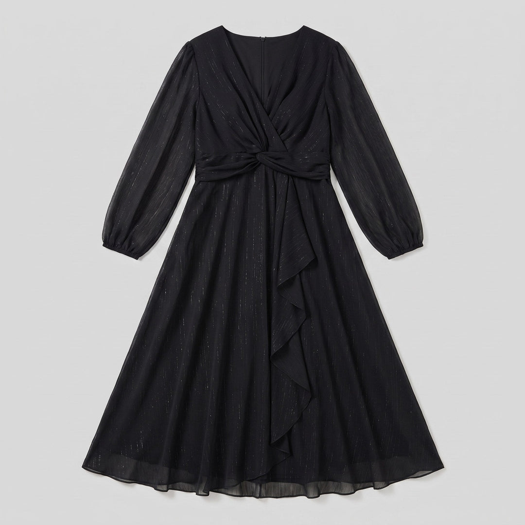 Black plus size chiffon twist knot dress flat lay product photo - The store Vancouver