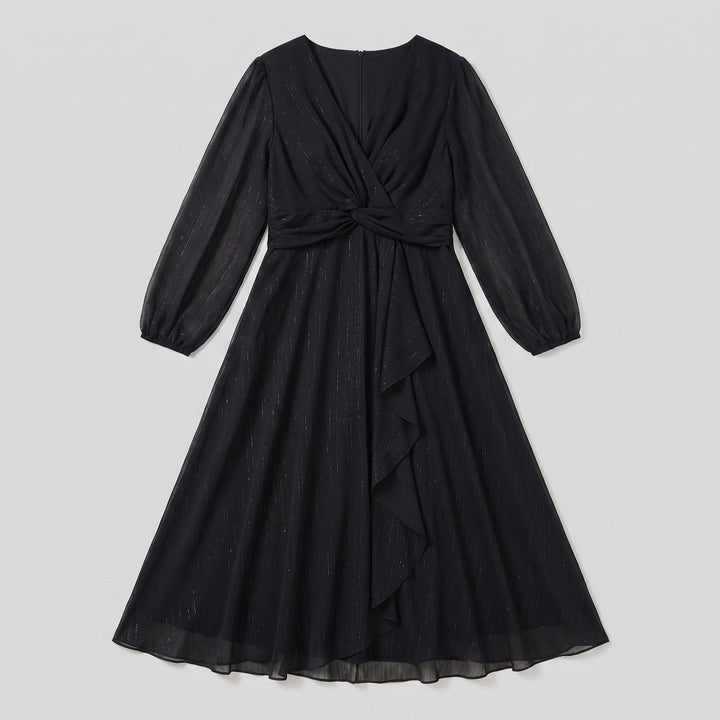 Black plus size chiffon twist knot dress flat lay product photo - The store Vancouver