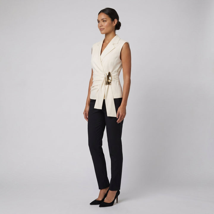 Nora cream ivory wrap vest three-quarter view on model