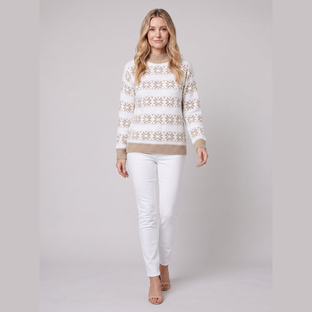 Nordic snowflake sweater camel on model