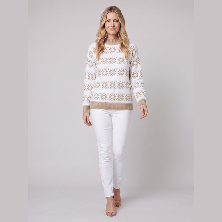 Nordic snowflake sweater camel on model