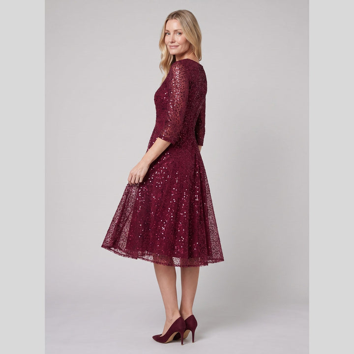 Burgundy sequin 3/4 sleeve midi cocktail dress - The store Vancouver