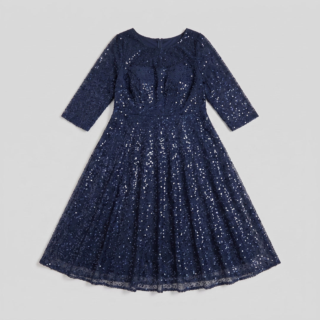 Navy blue sequin midi dress flat lay product photo - The store Vancouver