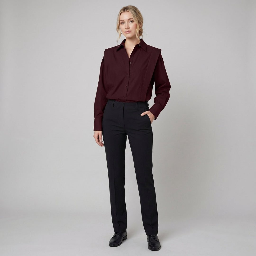 Oasis oversized cotton shirt in burgundy on female model