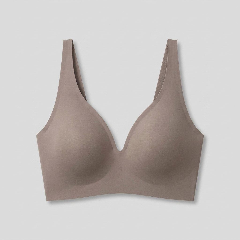 Grey wireless seamless plunge bra, front view