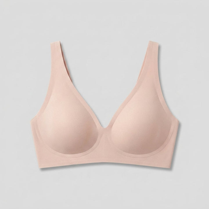 Nude pink wireless seamless plunge bra, front view