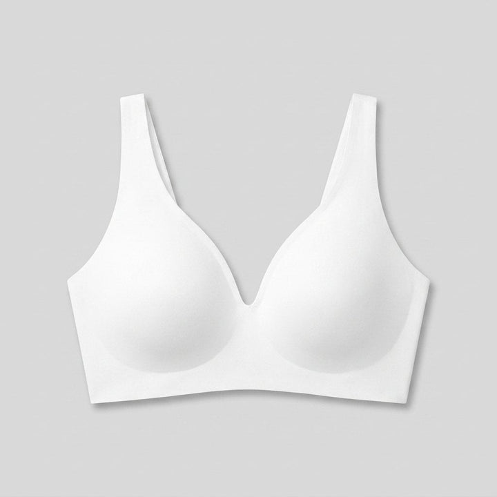 White wireless seamless plunge bra, front view