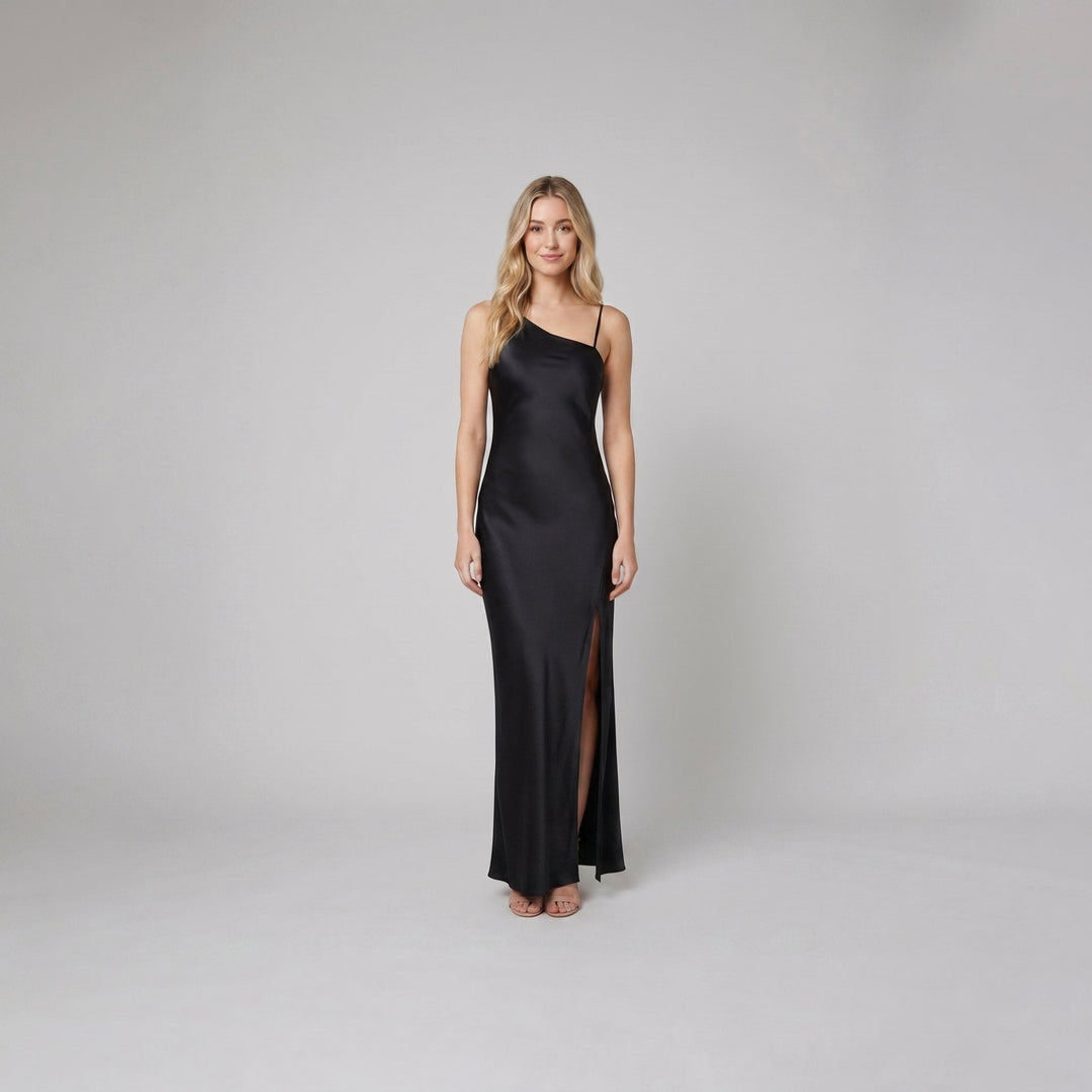Octavia black satin open-back maxi dress on model