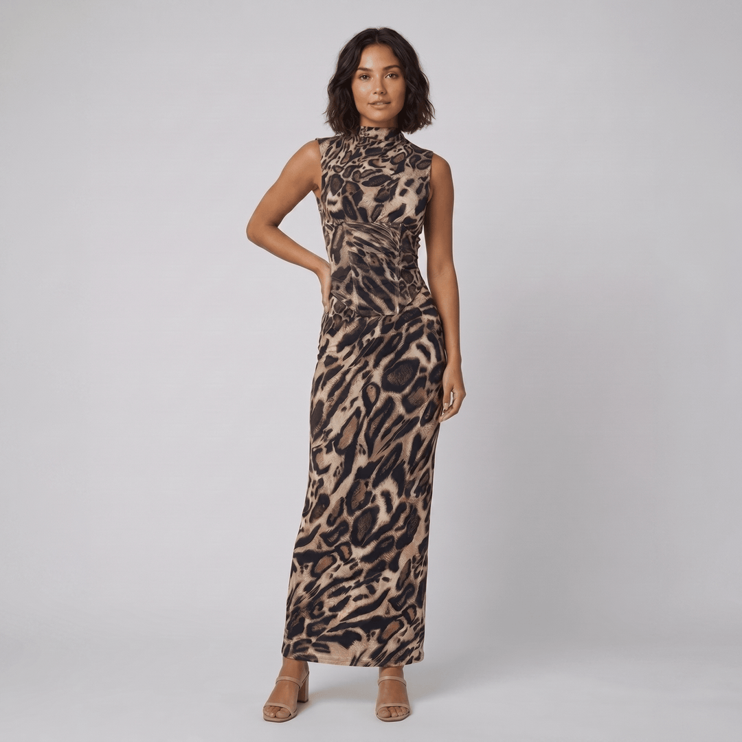 Odalie leopard print dress in brown, front view on model