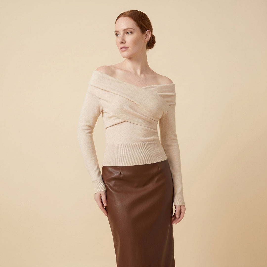 Olea off-shoulder knit top in apricot on female model