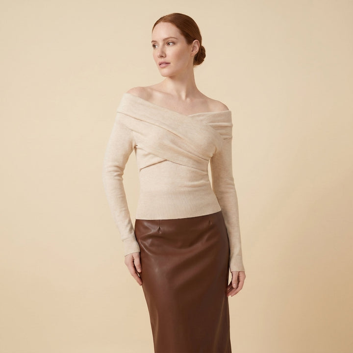 Olea off-shoulder knit top in apricot on female model