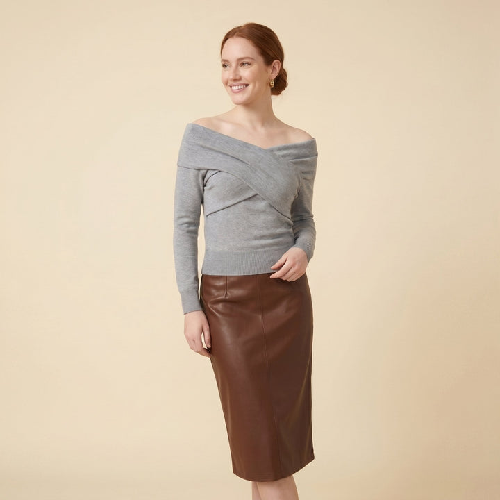 Olea off-shoulder knit top in heather gray on female model