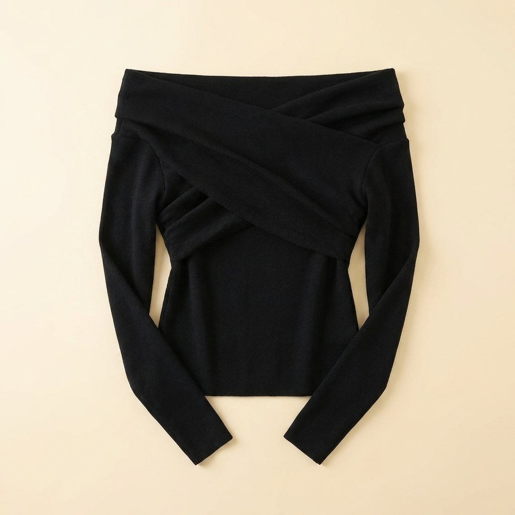 Olea black off-shoulder top flat-lay product photo