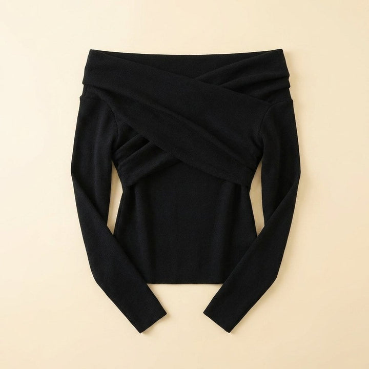 Olea black off-shoulder top flat-lay product photo