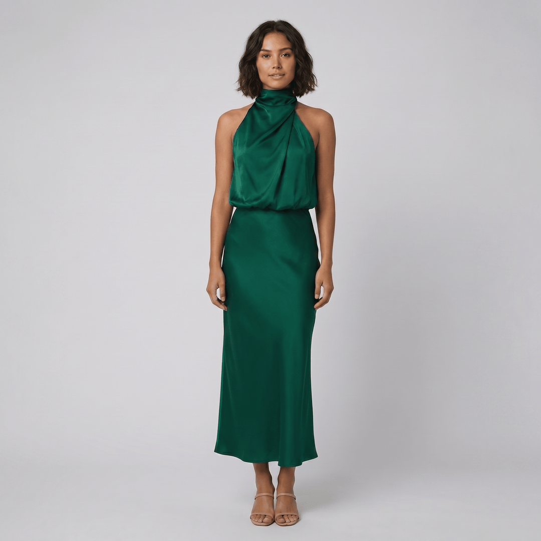 Ombline floor-length satin halter gown in green, on model