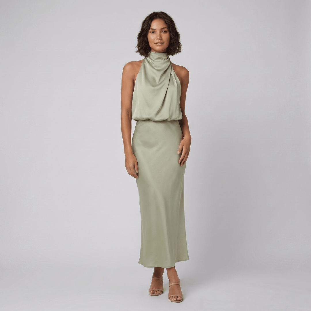 Ombline floor-length satin halter gown in light green, on model