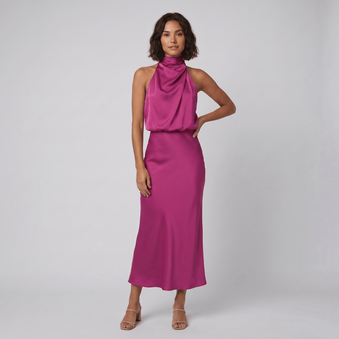 Ombline floor-length satin halter gown in pink, on model