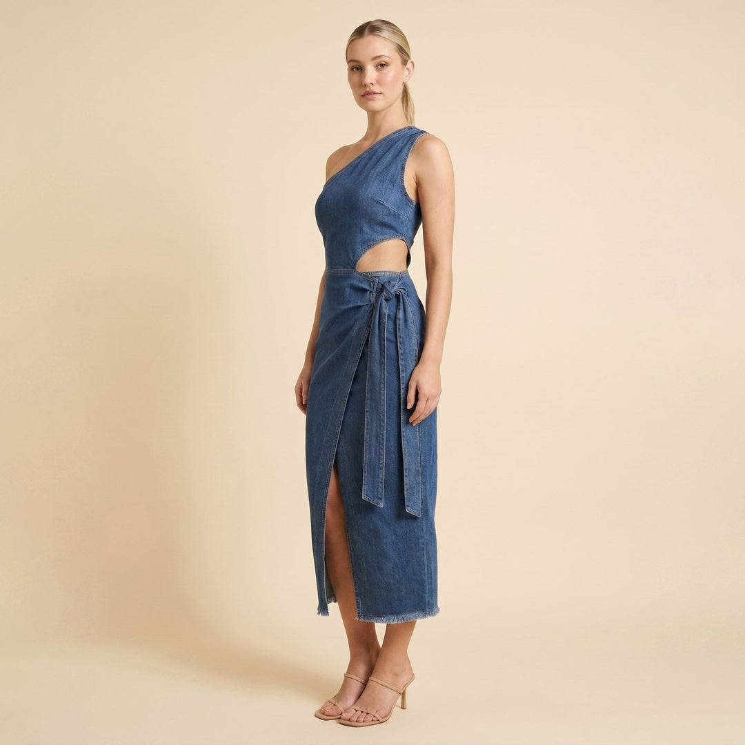 Onda denim midi dress three-quarter view showing cut-out and wrap tie