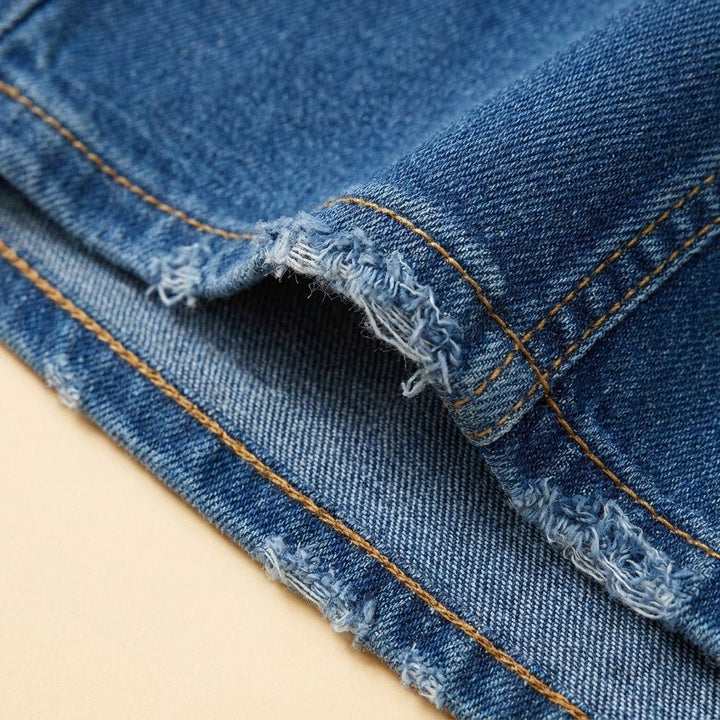 Onda denim fabric and frayed hem detail