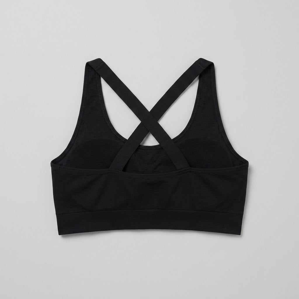 Ophelie sports bra in black, cross-back straps seen from behind