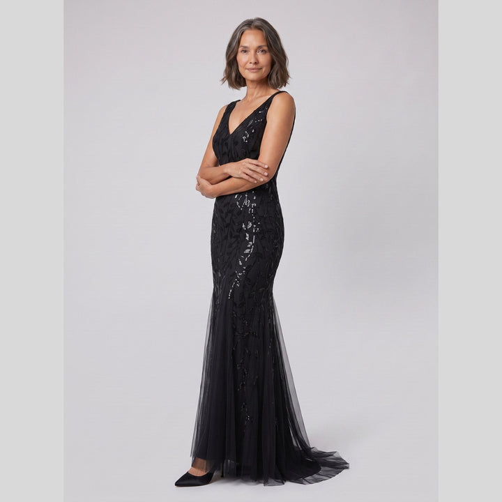 Black sequin fishtail double V-neck evening gown - The store Vancouver