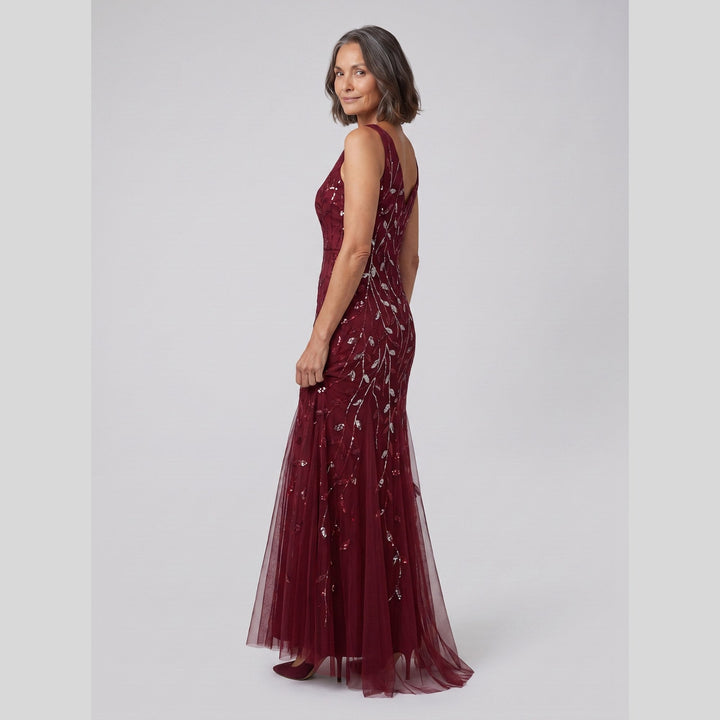 Burgundy sequin fishtail double V-neck evening gown - The store Vancouver