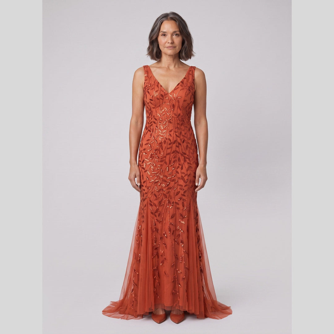 Burnt orange sequin fishtail double V-neck evening gown - The store Vancouver