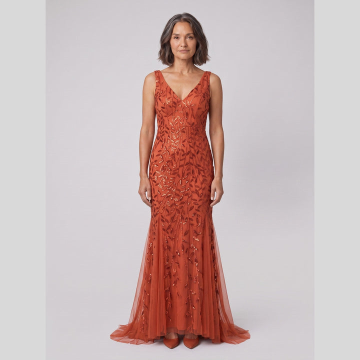Burnt orange sequin fishtail double V-neck evening gown - The store Vancouver