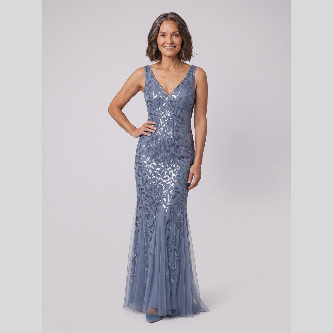 Dusty blue sequin fishtail double V-neck evening gown - The store Vancouver
