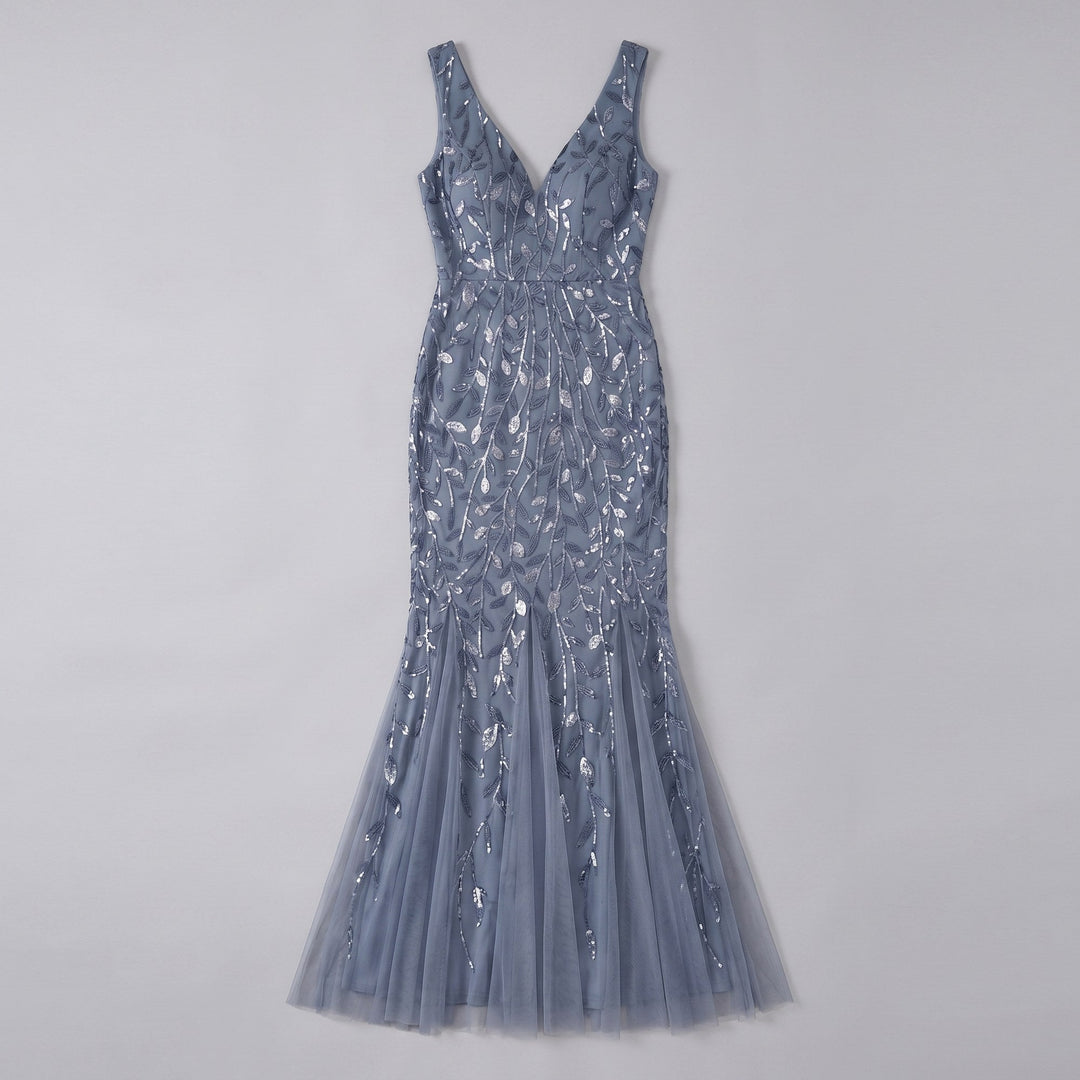 Dusty blue sequin fishtail evening gown flat lay product photo - The store Vancouver