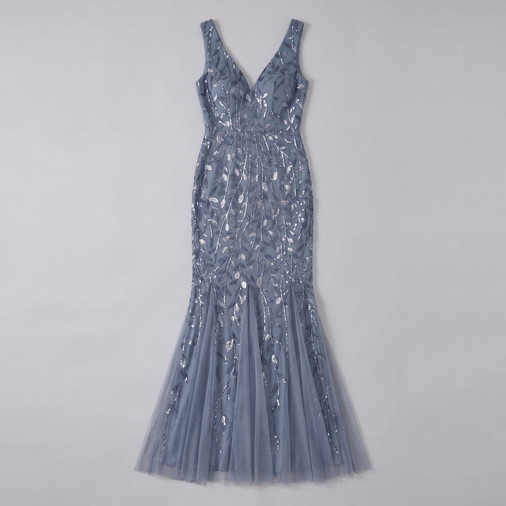 Dusty blue sequin fishtail evening gown flat lay product photo - The store Vancouver
