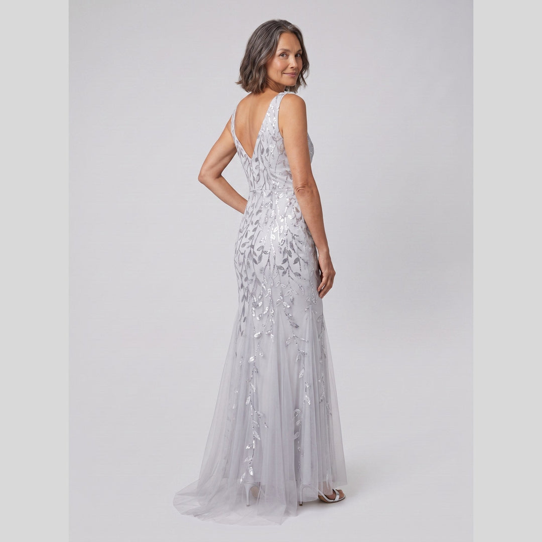 Silver sequin fishtail evening gown back V detail - The store Vancouver